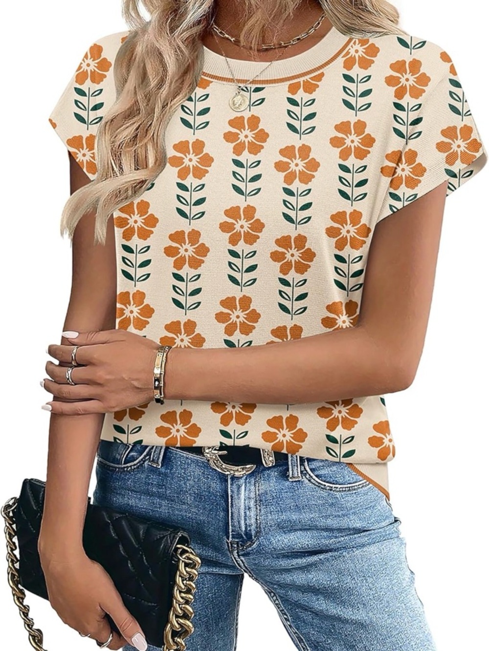 Cream Floral Short Sleeve Blouse with Orange Flowers